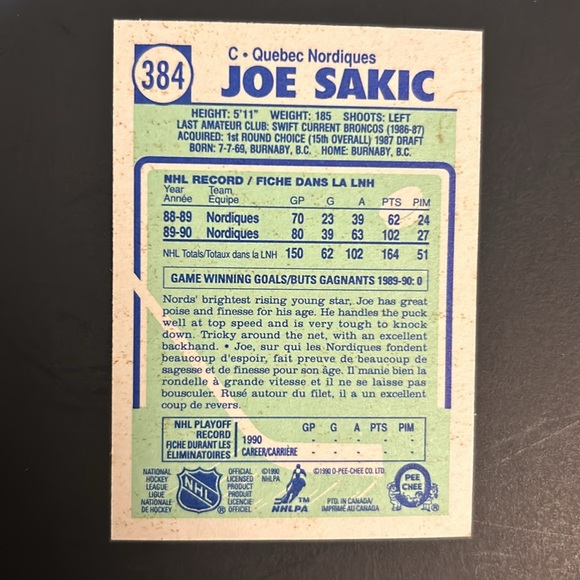 🏒3/$12. Bundle and Save. Joe Sakic. 1990 O-Pee-Chee. Card #384 - Picture 2 of 2